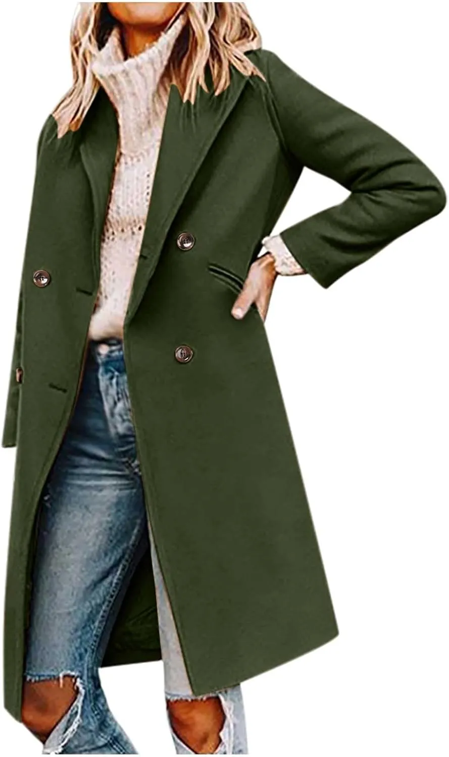 Women Elegant Notched Collar Double Breasted Pockets Wool Blend Over Coat Fall Winter Casual Peacoat Midi Trench Coats