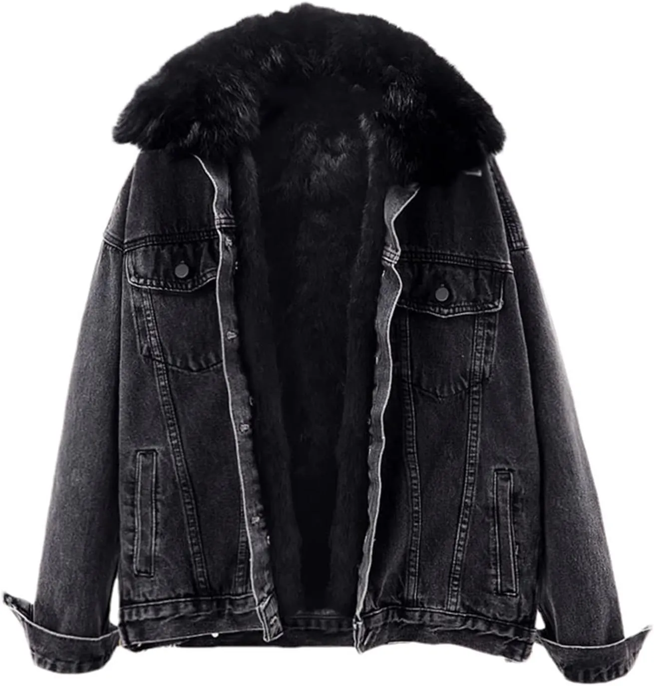 Women Fur Collar Removable Fur Liner Denim Jacket Winter Thick Warm Vintage Jean Jackets