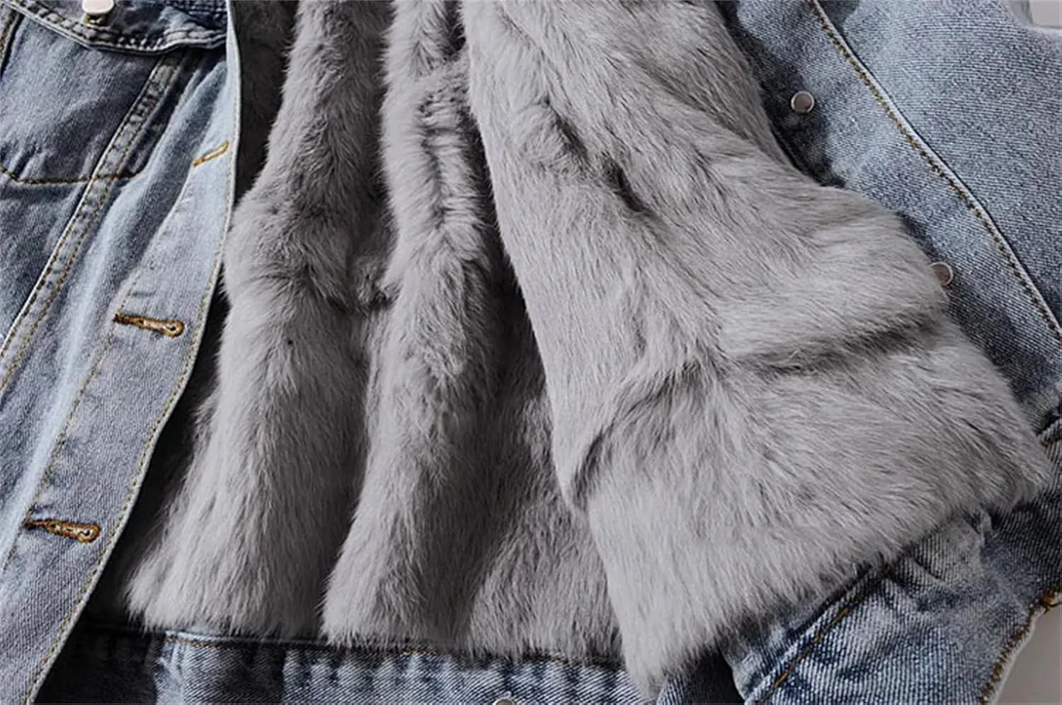 Women Fur Collar Removable Fur Liner Denim Jacket Winter Thick Warm Vintage Jean Jackets