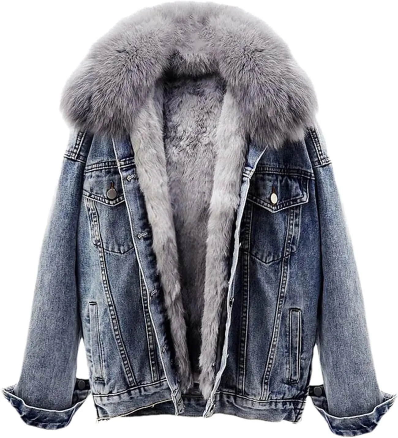 Women Fur Collar Removable Fur Liner Denim Jacket Winter Thick Warm Vintage Jean Jackets