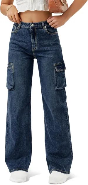 Women High Waisted Cargo Jean for Women with 6 Pockets Straight Wide Leg Jean Casual Baggy Pants