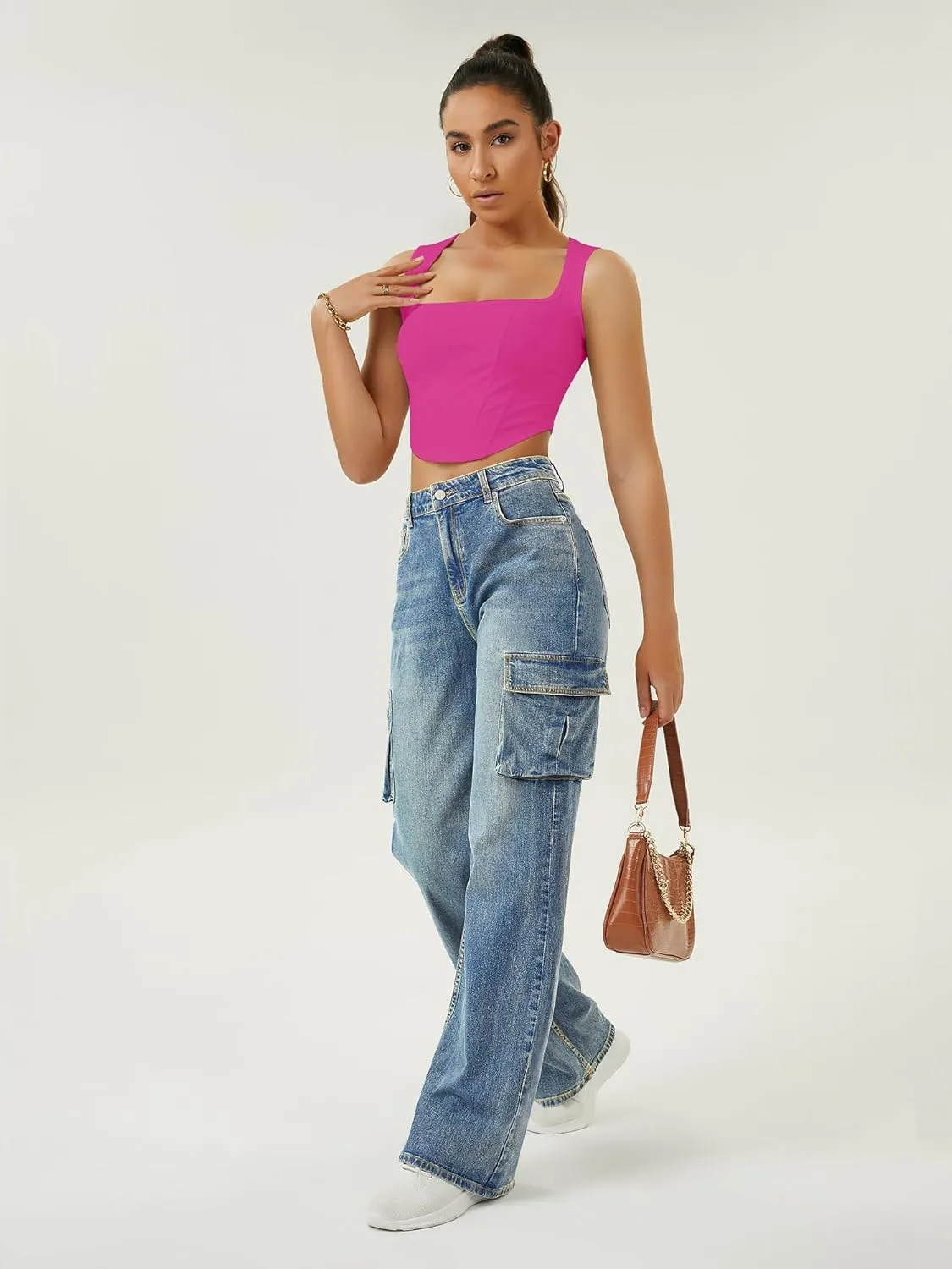 Women High Waisted Cargo Jean for Women with 6 Pockets Straight Wide Leg Jean Casual Baggy Pants