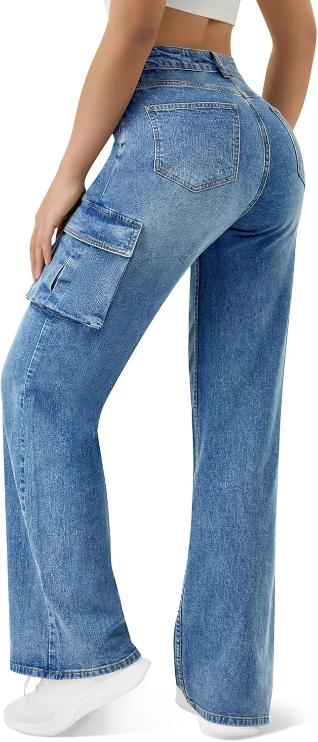 Women High Waisted Cargo Jean for Women with 6 Pockets Straight Wide Leg Jean Casual Baggy Pants
