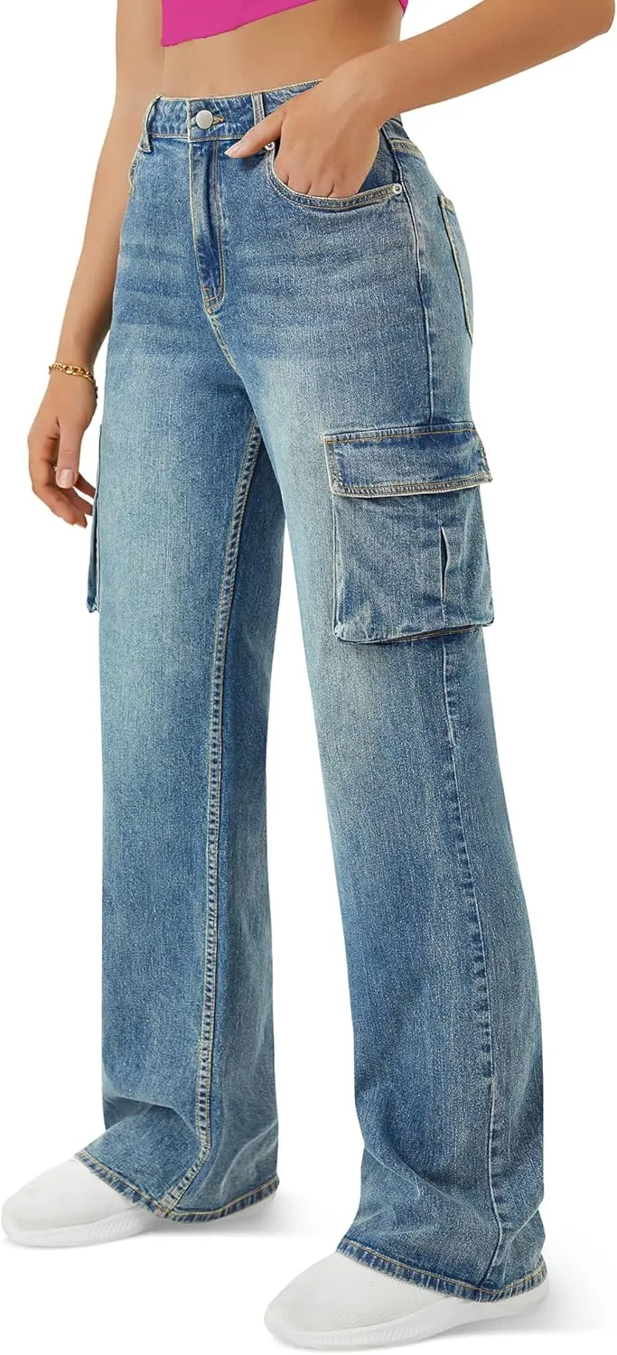 Women High Waisted Cargo Jean for Women with 6 Pockets Straight Wide Leg Jean Casual Baggy Pants