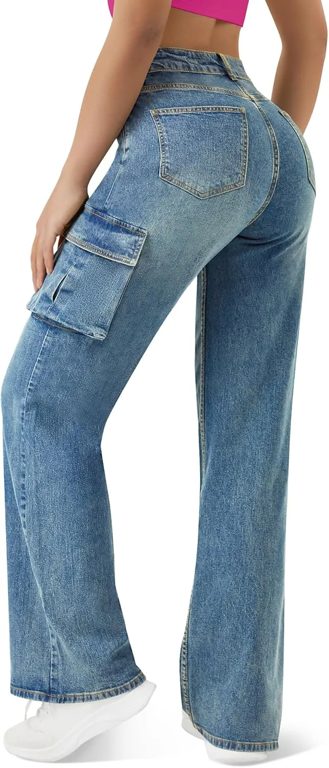 Women High Waisted Cargo Jean for Women with 6 Pockets Straight Wide Leg Jean Casual Baggy Pants