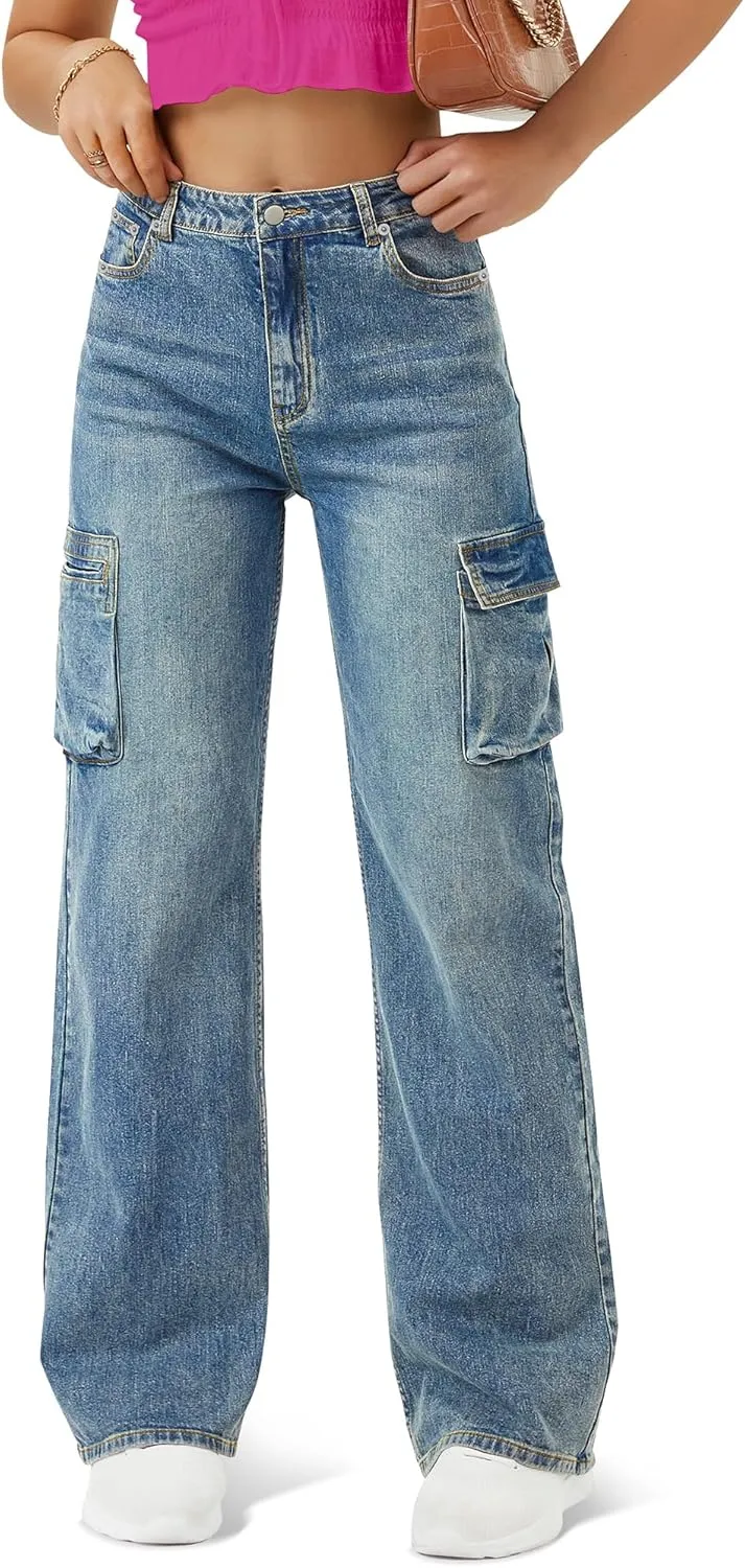 Women High Waisted Cargo Jean for Women with 6 Pockets Straight Wide Leg Jean Casual Baggy Pants