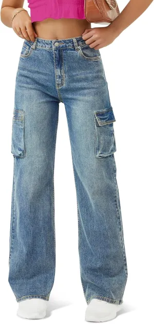 Women High Waisted Cargo Jean for Women with 6 Pockets Straight Wide Leg Jean Casual Baggy Pants