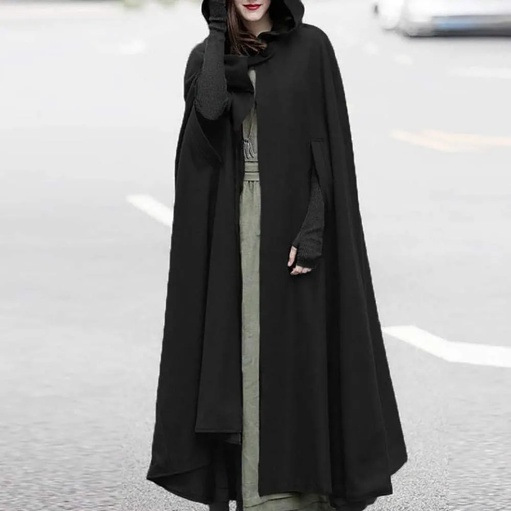 Women Hooded Cape Winter Casual Wool Blend Trench Coat Fashion Windproof Open Front Cardigan Maxi Cloak Coat