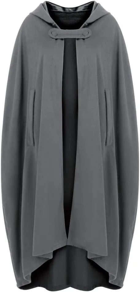 Women Hooded Cape Winter Casual Wool Blend Trench Coat Fashion Windproof Open Front Cardigan Maxi Cloak Coat