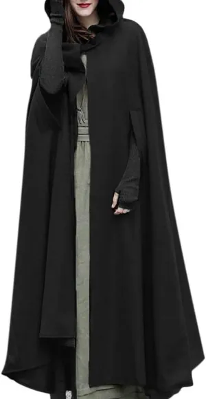 Women Hooded Cape Winter Casual Wool Blend Trench Coat Fashion Windproof Open Front Cardigan Maxi Cloak Coat