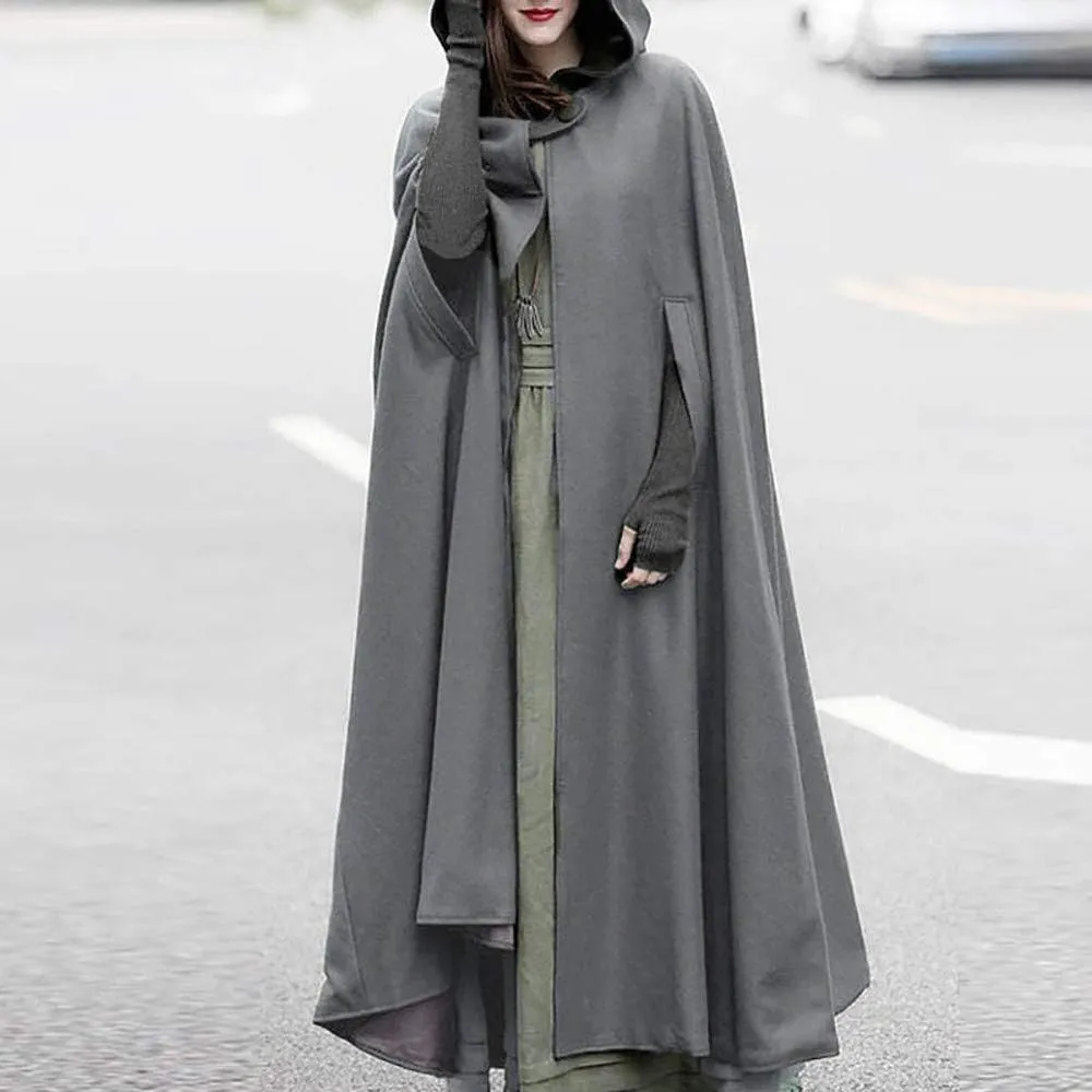 Women Hooded Cape Winter Casual Wool Blend Trench Coat Fashion Windproof Open Front Cardigan Maxi Cloak Coat