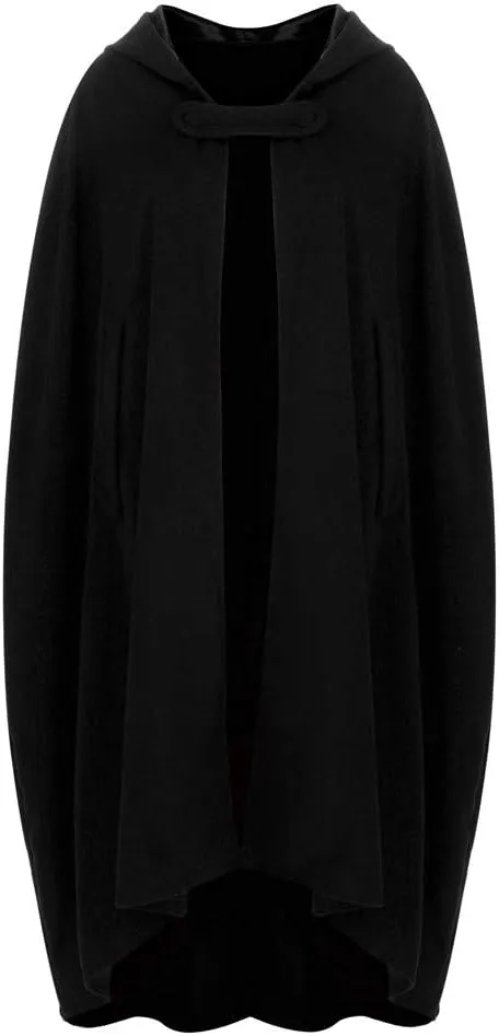 Women Hooded Cape Winter Casual Wool Blend Trench Coat Fashion Windproof Open Front Cardigan Maxi Cloak Coat