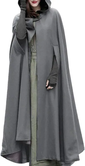Women Hooded Cape Winter Casual Wool Blend Trench Coat Fashion Windproof Open Front Cardigan Maxi Cloak Coat