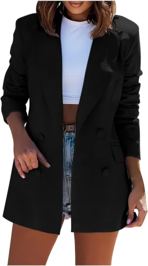 Women Lapel Work Office Blazers Long Sleeve Business Suit Jackets Casual Double Breasted Blazer Coat with Pocket