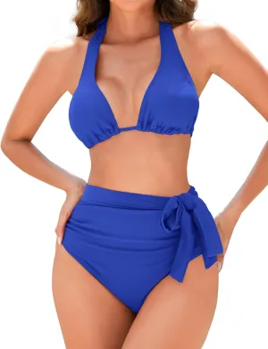Women Modest Tummy Control Bikini Set High Waisted Ruched Bathing Suit Halter Tie Side Swimsuit