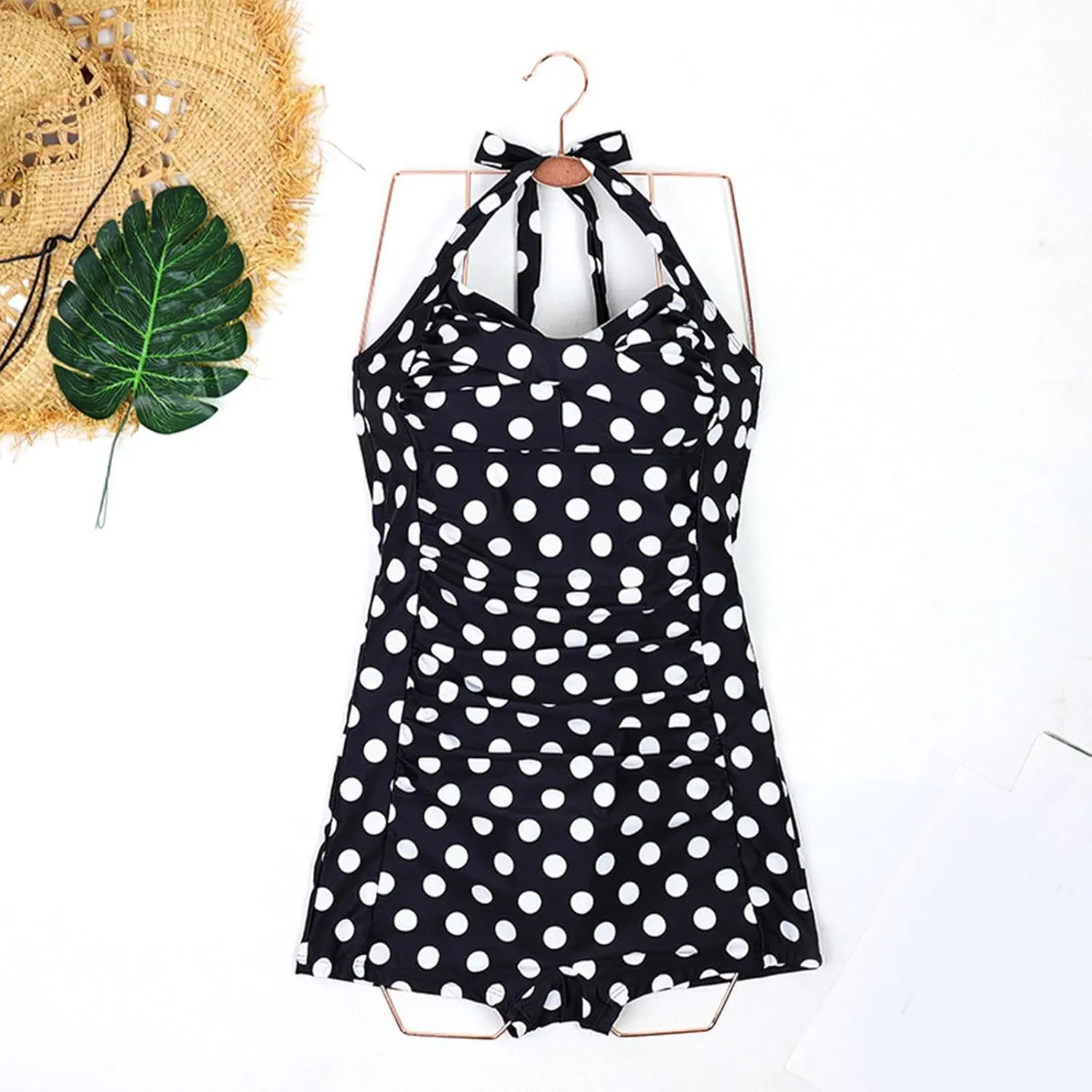 Women One Piece Swimsuit Retro Halter Bathing Suits Tummy Control Swimwear Boy-Leg Ruched Push up Swimsuit 2025