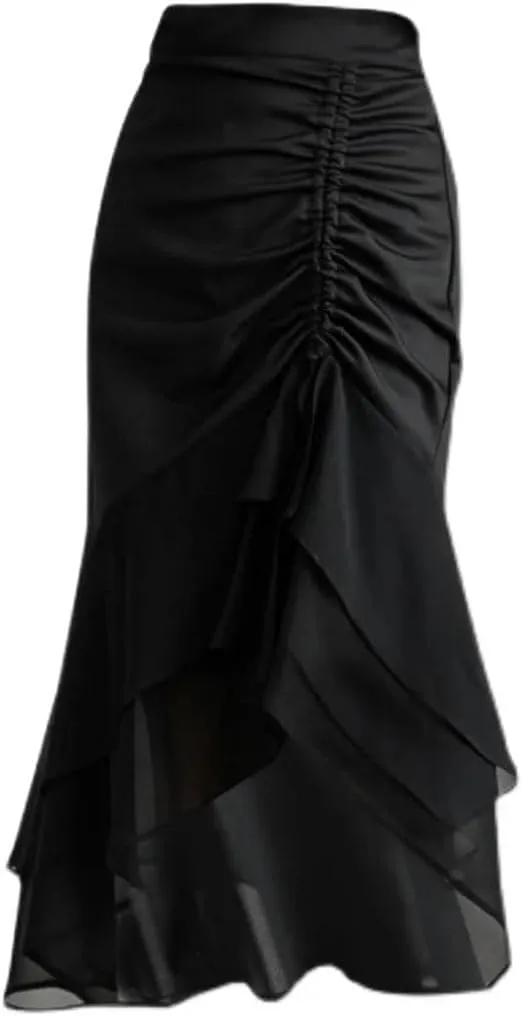 Women Ruffles Chiffon Voile Splicing Hip Wrap Skirts High Waist Asymmetrical Pencil Straight Midi Skirt