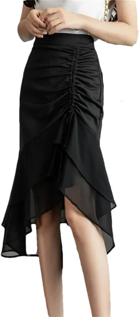 Women Ruffles Chiffon Voile Splicing Hip Wrap Skirts High Waist Asymmetrical Pencil Straight Midi Skirt