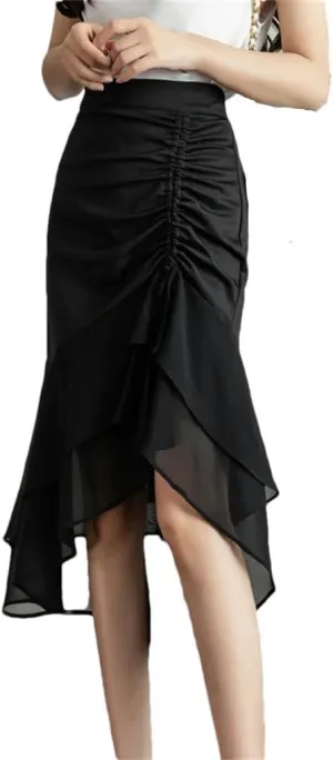 Women Ruffles Chiffon Voile Splicing Hip Wrap Skirts High Waist Asymmetrical Pencil Straight Midi Skirt