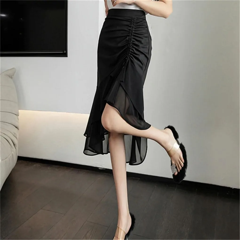 Women Ruffles Chiffon Voile Splicing Hip Wrap Skirts High Waist Asymmetrical Pencil Straight Midi Skirt