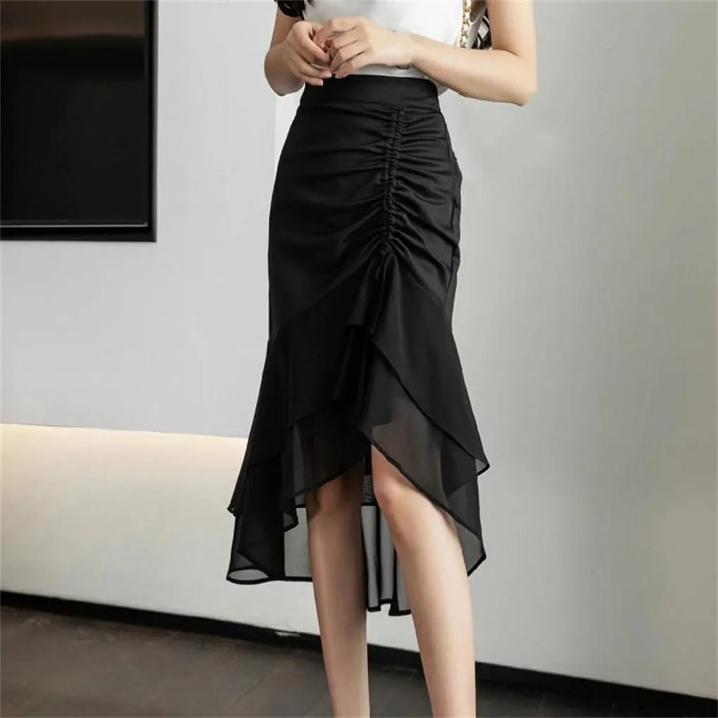Women Ruffles Chiffon Voile Splicing Hip Wrap Skirts High Waist Asymmetrical Pencil Straight Midi Skirt