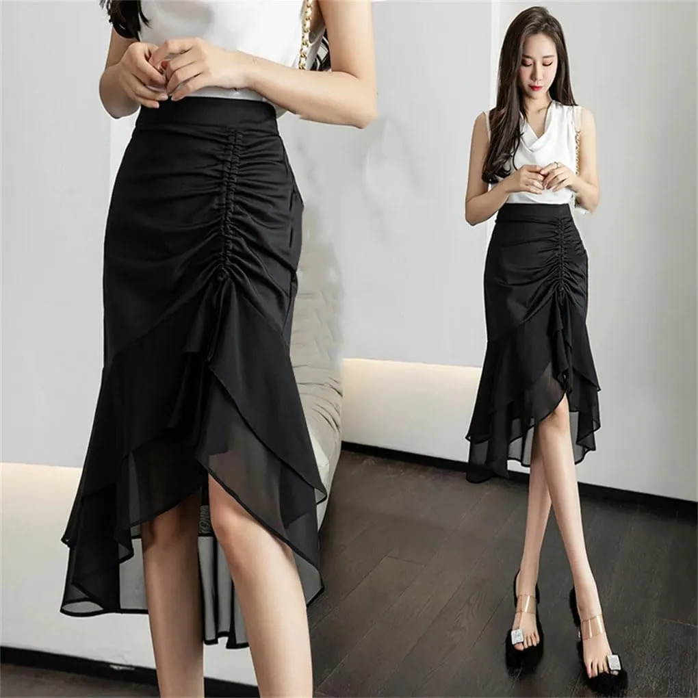 Women Ruffles Chiffon Voile Splicing Hip Wrap Skirts High Waist Asymmetrical Pencil Straight Midi Skirt