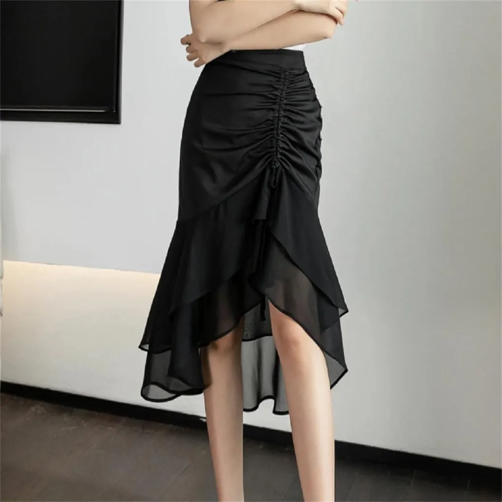 Women Ruffles Chiffon Voile Splicing Hip Wrap Skirts High Waist Asymmetrical Pencil Straight Midi Skirt