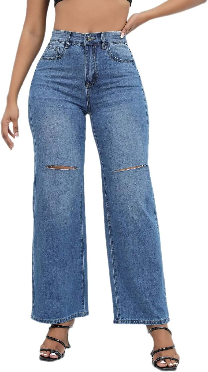 Women Stretchy Distressed Wide Leg Jeans Ripped Mom Baggy Straight Boyfriend Trendy Trouser Denim Pants for Women