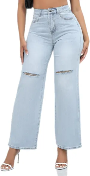 Women Stretchy Distressed Wide Leg Jeans Ripped Mom Baggy Straight Boyfriend Trendy Trouser Denim Pants for Women