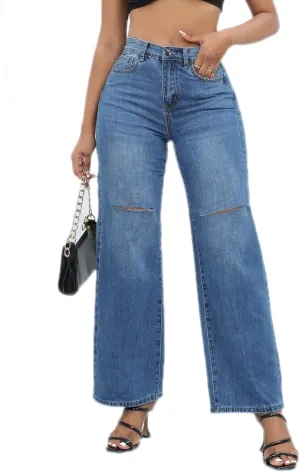 Women Stretchy Distressed Wide Leg Jeans Ripped Mom Baggy Straight Boyfriend Trendy Trouser Denim Pants for Women
