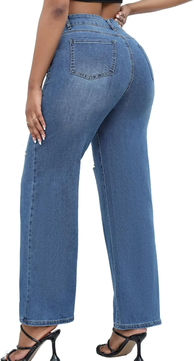 Women Stretchy Distressed Wide Leg Jeans Ripped Mom Baggy Straight Boyfriend Trendy Trouser Denim Pants for Women