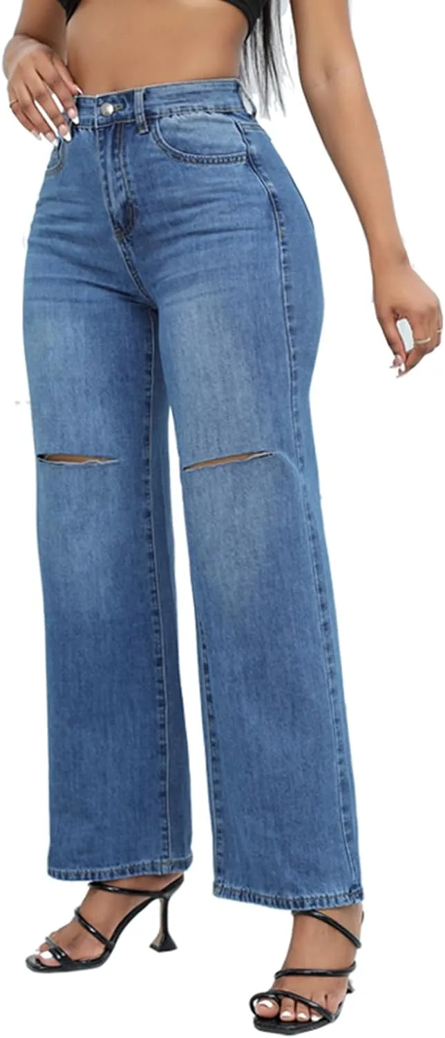 Women Stretchy Distressed Wide Leg Jeans Ripped Mom Baggy Straight Boyfriend Trendy Trouser Denim Pants for Women