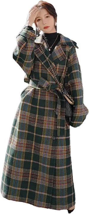 Women Vintage Plaid Tweed Long Coats Loose Wool Blend Thicken Jackets Warm Cotton Padded Lined