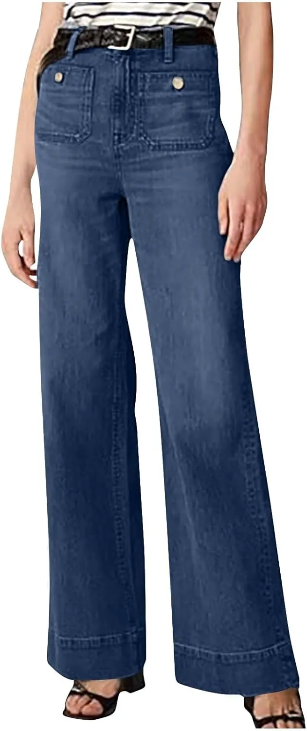 Women Wide Leg Jeans High Waisted Denim Pants Stretch Bell Bottom Jeans with Pockets Trendy Work Pants Comfy Trousers