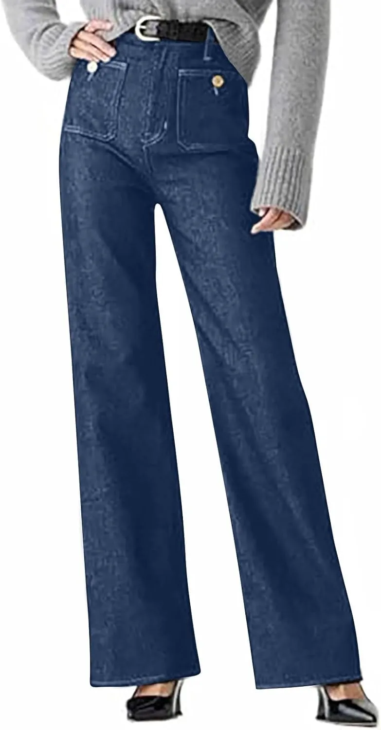 Women Wide Leg Jeans High Waisted Denim Pants Stretch Bell Bottom Jeans with Pockets Trendy Work Pants Comfy Trousers