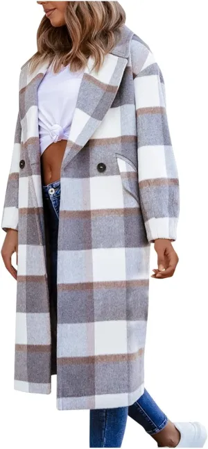 Women Winter Coats Womens Notched Lapel Collar Double Breasted Trench Pea Coat Winter Warm Wool Blend Overcoat Plaid Shacket Long Jackets White Medium