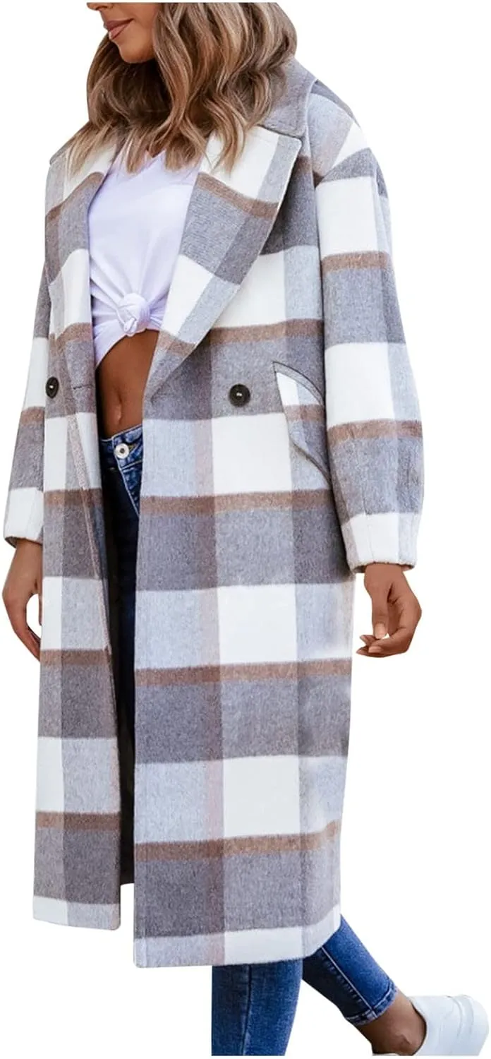 Women Winter Coats Womens Notched Lapel Collar Double Breasted Trench Pea Coat Winter Warm Wool Blend Overcoat Plaid Shacket Long Jackets White Medium