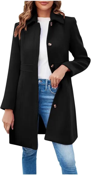 Women Winter Coats Women's Wool Peacoat Single Breasted Notched Collar Trench Coat Fall Winter Fashion Mid-Length Outerwear Long Jackets Black Medium
