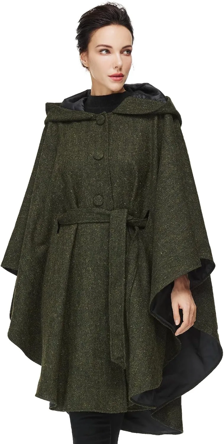 Women Wool Blend Cloak with Hood Medieval Cape Poncho Shawls for Fall Winter