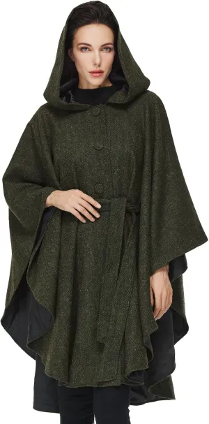 Women Wool Blend Cloak with Hood Medieval Cape Poncho Shawls for Fall Winter