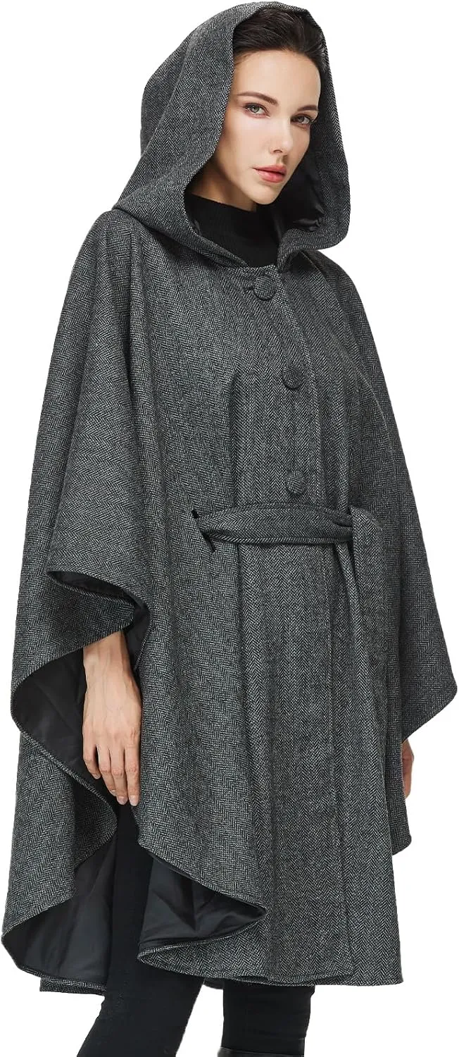 Women Wool Blend Cloak with Hood Medieval Cape Poncho Shawls for Fall Winter