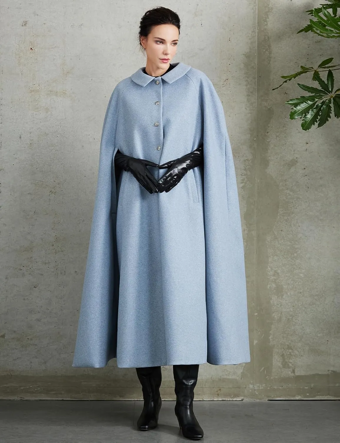 Women Wool Blend Single-Breasted Cape Coat Vintage Jacket Outwear with Pockets for Fall Winter