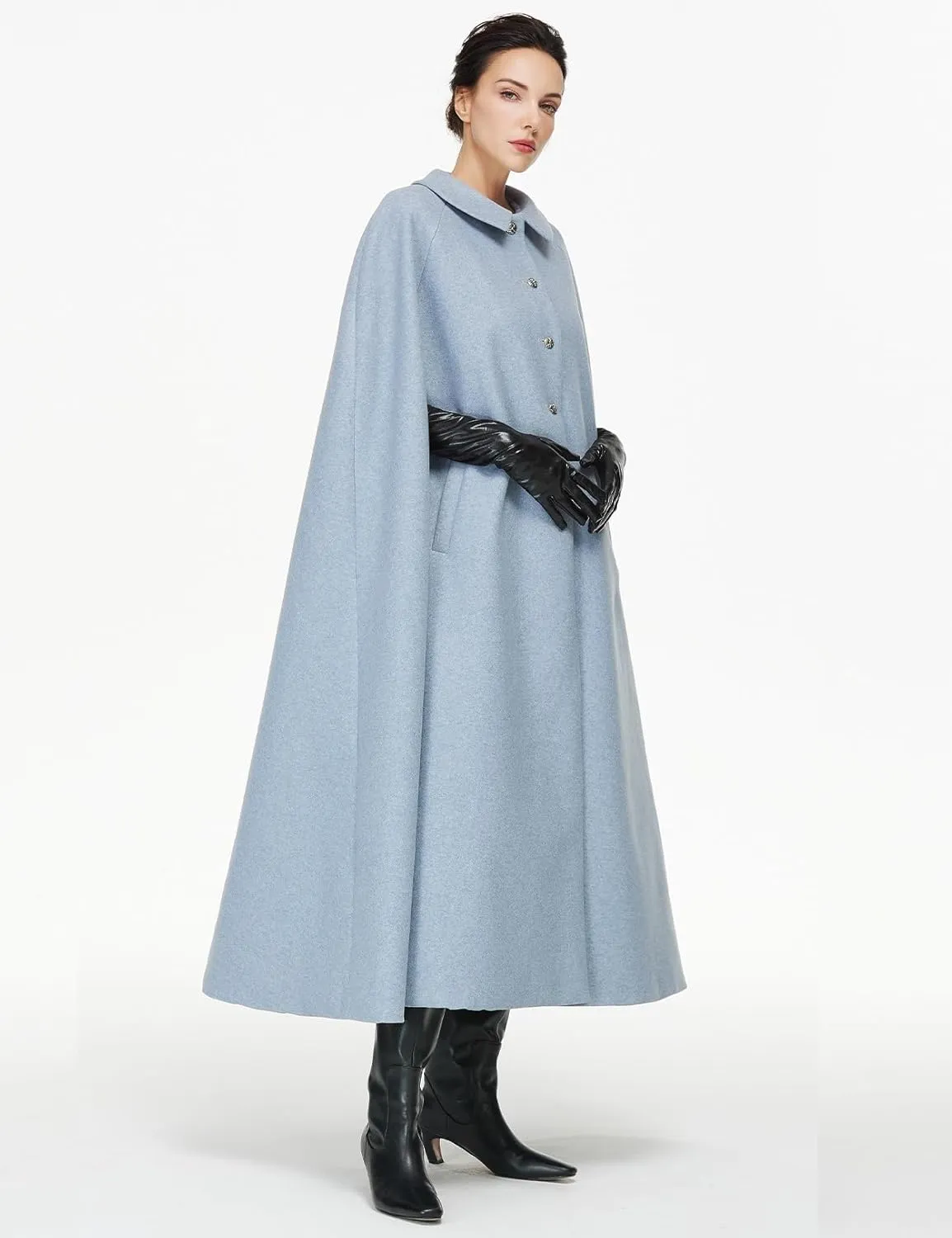 Women Wool Blend Single-Breasted Cape Coat Vintage Jacket Outwear with Pockets for Fall Winter