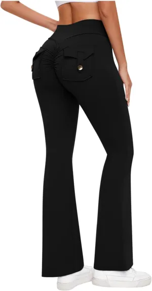 Women Yoga Cargo Pants Stretch Flare Leg Pants Elastic High Waisted Pants Dressy Casual Pants Athletic Workout Pants