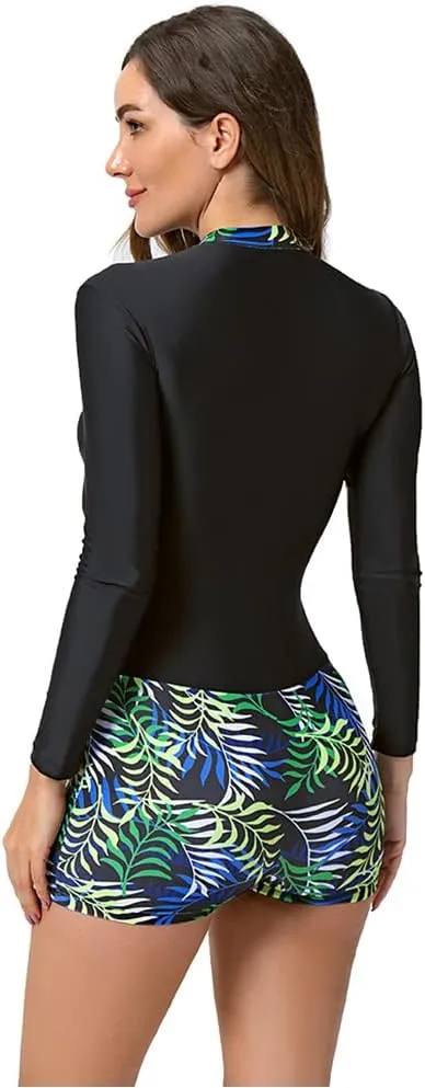 Women Zipper Rash Guard Long Sleeves Sun Protection Surf Rashguard Boyleg One Piece Sport Swimsuit Padded Bathing Suits