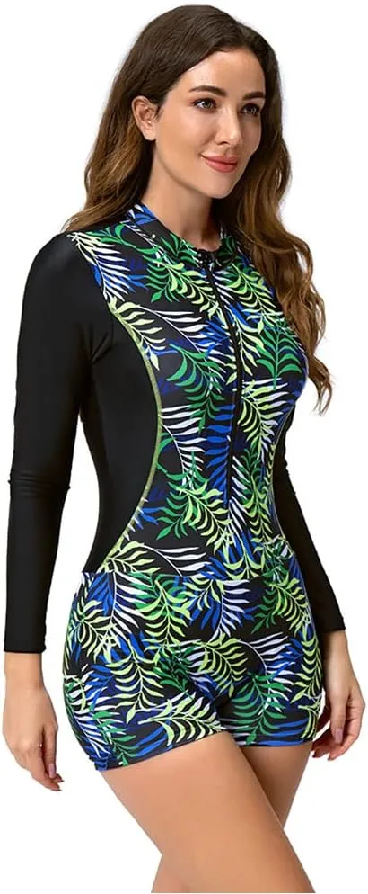 Women Zipper Rash Guard Long Sleeves Sun Protection Surf Rashguard Boyleg One Piece Sport Swimsuit Padded Bathing Suits