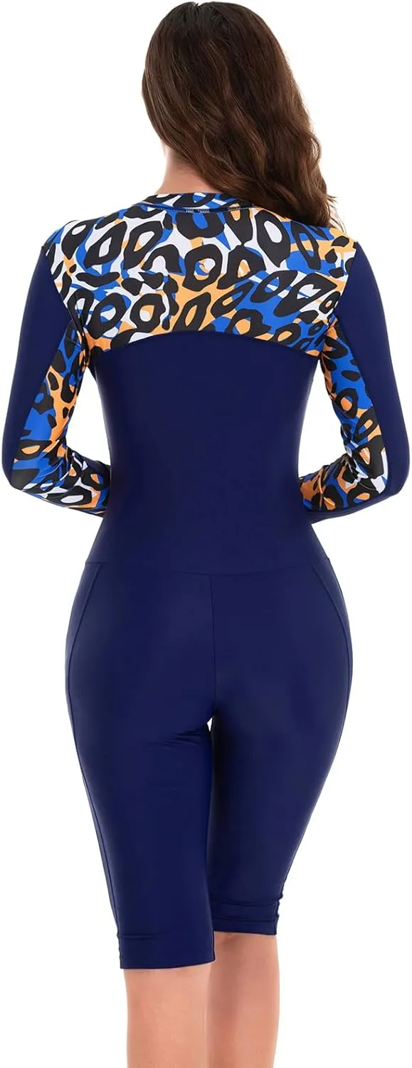 Women Zipper Rash Guard Long Sleeves Sun Protection Surf Rashguard Boyleg One Piece Sport Swimsuit Padded Bathing Suits