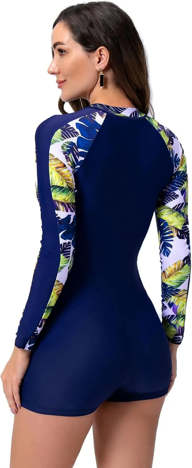 Women Zipper Rash Guard Long Sleeves Sun Protection Surf Rashguard Boyleg One Piece Sport Swimsuit Padded Bathing Suits