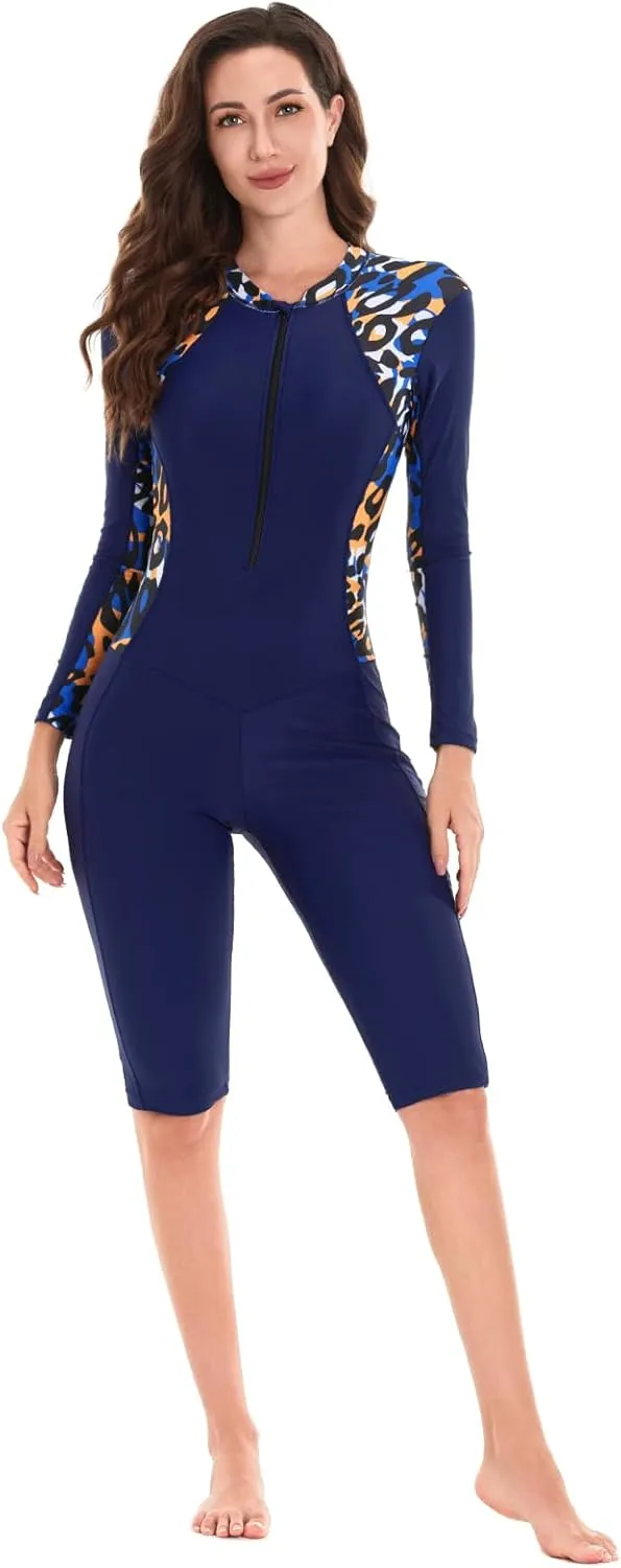 Women Zipper Rash Guard Long Sleeves Sun Protection Surf Rashguard Boyleg One Piece Sport Swimsuit Padded Bathing Suits