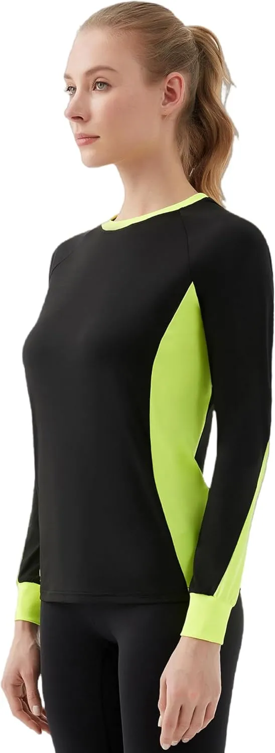 Women's 2-Tone Side Blocked Long Sleeve Crew Neck Slim Fit Active Stretch Shirt